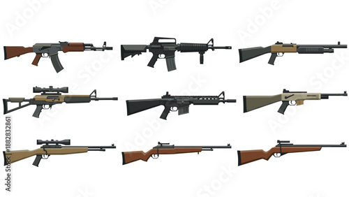 Collection of firearm designs featuring various rifles and guns in flat style