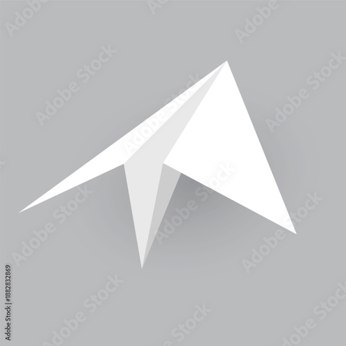 Paper plane model. Origami handmade aircraft view. Vector white paper airplane with shadow, isolated on gray background