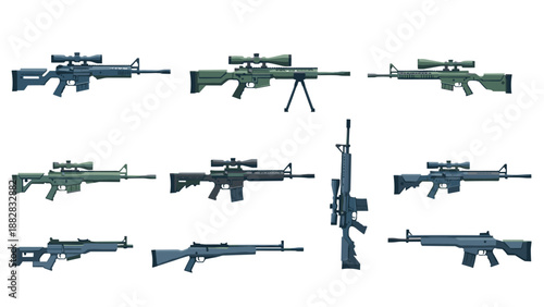 Collection of modern tactical weapons in flat design style