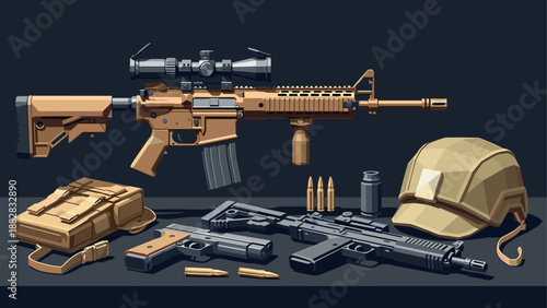 Military gear display: tactical rifles and accessories in isometric style