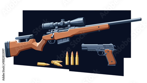 Sniper rifle and handgun with ammo on dark background - realistic modern firearms design