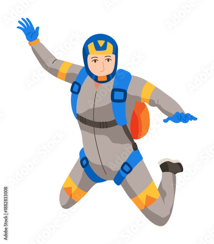 Cartoon skydiver character. Guy jumping from an airplane, free fall, flying in sky, people falling in different poses, extreme sport