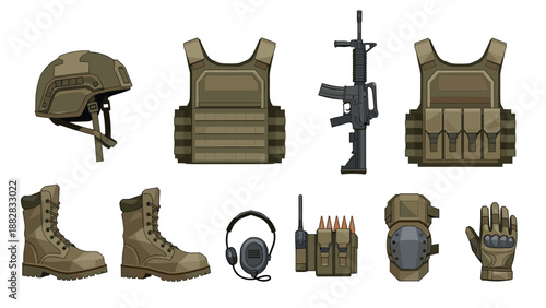 Military gear set: helmet, armor, rifle, tactical boots, headset, gloves in flat design