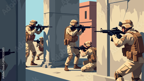Tactical team maneuvering urban environment in flat design style