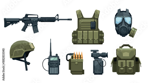 Military equipment icons set featuring rifle, gas mask, helmet in modern flat design