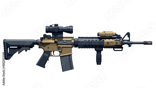 Tactical rifle with scope and grip in detailed flat design