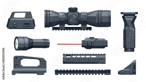 Tactical gear collection with scopes and accessories in modern flat design