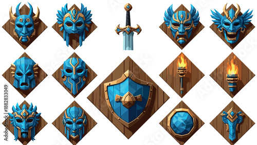 Fantasy game icons featuring masks, sword, shield, and torches in blue geometric style