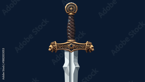 Ornate medieval sword with golden accents and lion detailing on dark background