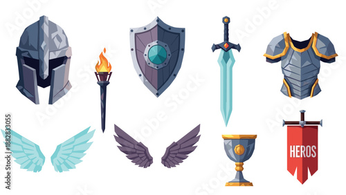 Medieval adventure icons: helmets, shields, swords, and armor elements in cartoon style