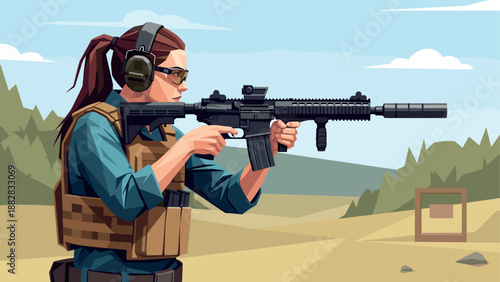 Female soldier aiming in outdoor shooting range scene with rifle