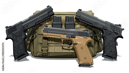 Realistic handgun and tactical backpack display for military and security themes