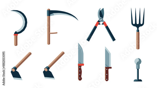 Flat design agricultural tools collection with pruning shears and scythe