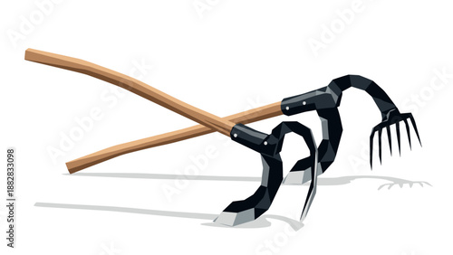 Low poly farming tools: scythe and rake with wooden handles in modern art style