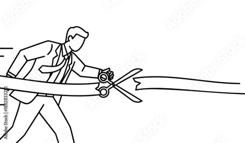 Businessman cutting through red tape with scissors symbolizing freedom and efficiency in a simple line art style