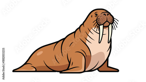 A friendly cartoon walrus with distinctive tusks and prominent whiskers depicted in a playful and clean graphic style a charming representation of