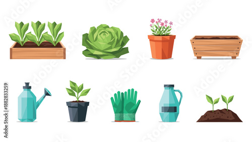 Flat style gardening tools and plants collection for home and outdoor use