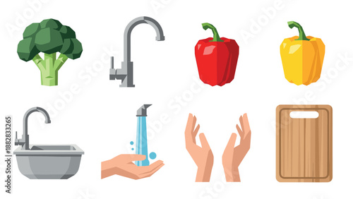 Flat kitchen elements and food icons: broccoli, bell peppers, sink, and hands