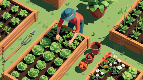 Gardener cultivating lush vegetable garden in geometric art style