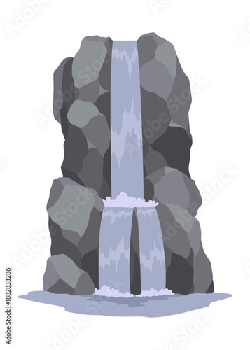 Cartoon river cascade waterfall. Landscape with mountains and trees. Design element for travel brochure or illustration mobile game. Fresh natural water