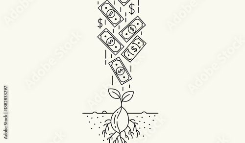 Seedling grows with money bills falling like rain symbolizing financial growth and investment