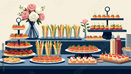 Elegant party buffet with assorted appetizers and floral decor in flat design