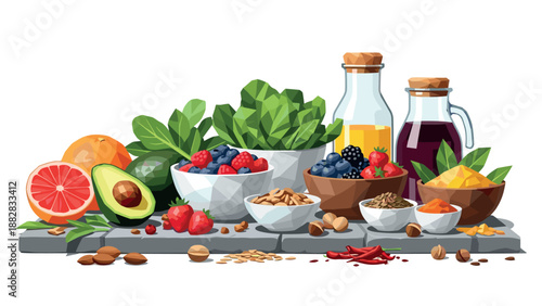 Colorful composition of healthy fruits and nuts in geometric style