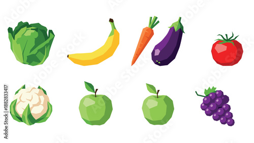 Low poly vegetables and fruits collection: cabbage, banana, carrot, eggplant, tomato, cauliflower, apple, grape