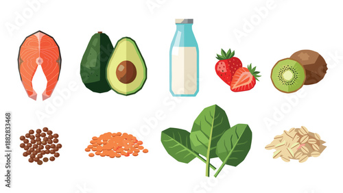 Healthy food ingredients in flat design: salmon, avocado, milk, fruits, and grains