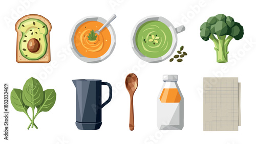 Healthy food and drink icons: avocado toast, soups, broccoli, spinach, and beverages in flat style