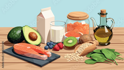 Healthy foods assortment featuring fruits, vegetables, and dairy on rustic wooden table