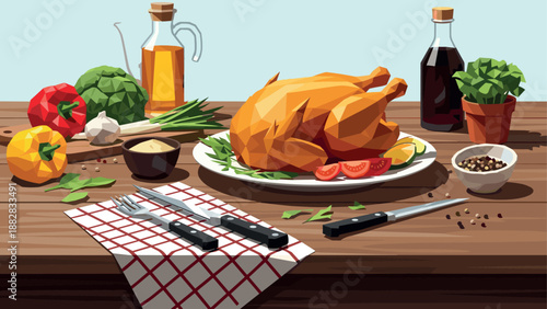 Low poly thanksgiving feast with roast turkey and vegetables on rustic table