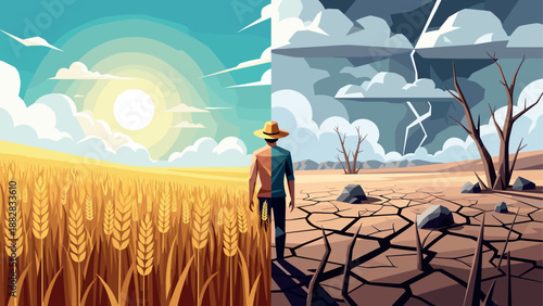 Climate contrast: bountiful harvest transitions to arid drought in dramatic landscape scene