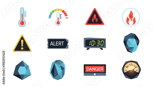 Colorful warning and measurement icons for alerts and safety in flat style