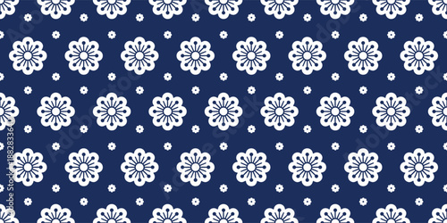 Japanese indigo dye style seamless pattern with white flower motifs. Traditional Sashiko aesthetic, elegant oriental textile background for apparel and home decor.
