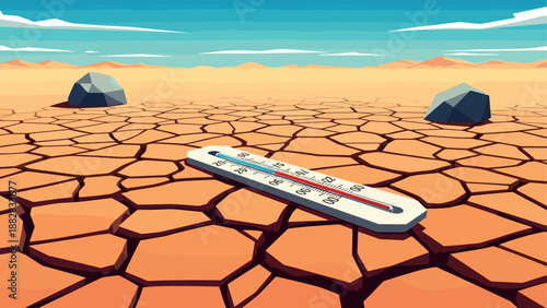 Desert landscape with thermometer indicating severe heat and drought