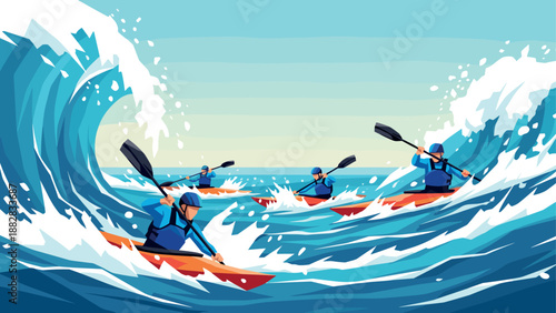 Dynamic adventure in ocean waves with kayakers and splashes in colorful style