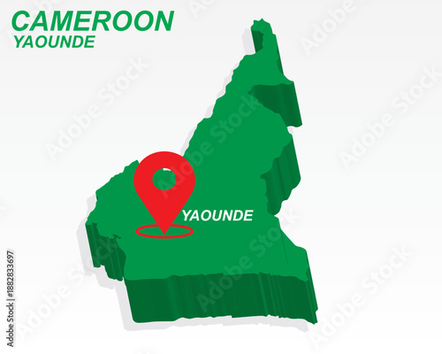 Cameroon Map Vector, Yaounde Capital City Marker on Green 3D Country Shape, Cameroon Infographic Design, Editable Destination Pointer Cameroon Geography