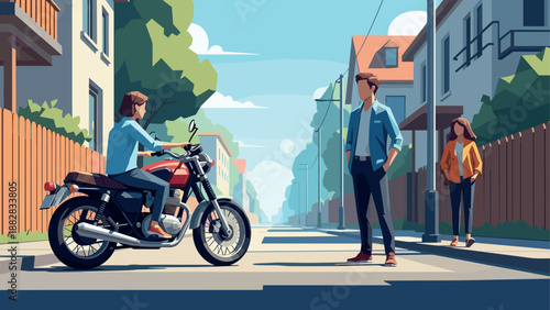 Street scene with motorbike and people in modern urban setting