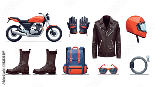 Flat style motorcycle gear with protective clothing and accessories