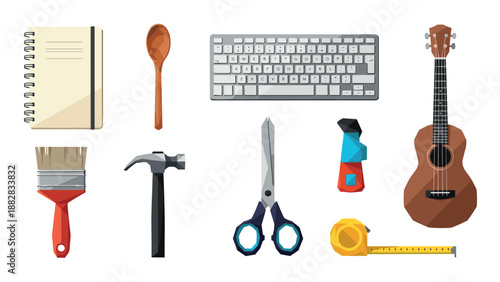 Collection of geometric everyday items: tools, instruments, and office supplies in low poly style