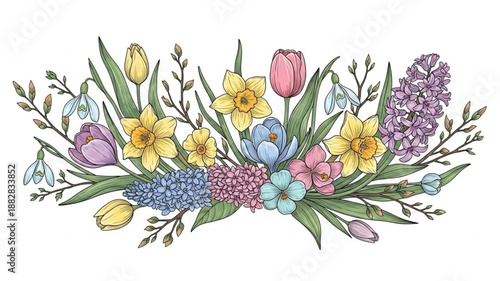 Spring floral arrangement with tulips daffodils and hyacinths.