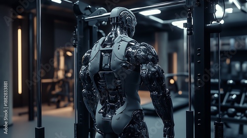 Muscular humanoid robot with highly detailed chrome plating and advanced biomechanics standing ready for intense physical training inside a futuristic dark gymnasium setting