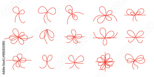 Set of simple red bows on ribbon on white background. Twisted rope with loops and knot. Line doodle art. Vector illustration. String and thread for gift wrapping or tag