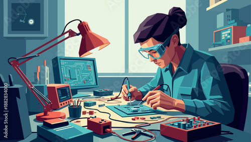Focused woman engineer soldering in modern electronics workshop