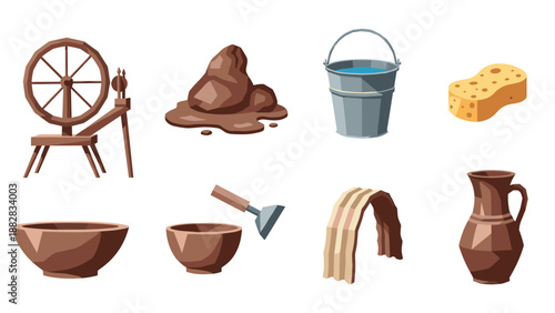 Rustic crafting tools and natural elements with a vintage touch on white background