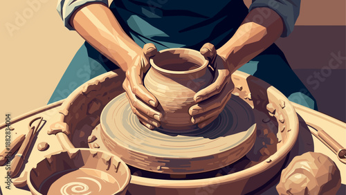Crafting with clay: hands at a pottery wheel in earthy tones