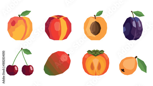 Geometric fruit collection: vibrant low poly designs of peaches, plums, cherries, and more