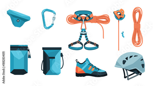 Essential climbing gear icons: harness, helmet, ropes, shoes, carabiner in a modern flat style