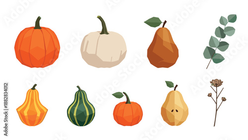 Geometric autumn harvest: pumpkins, pears, and foliage in low poly art style